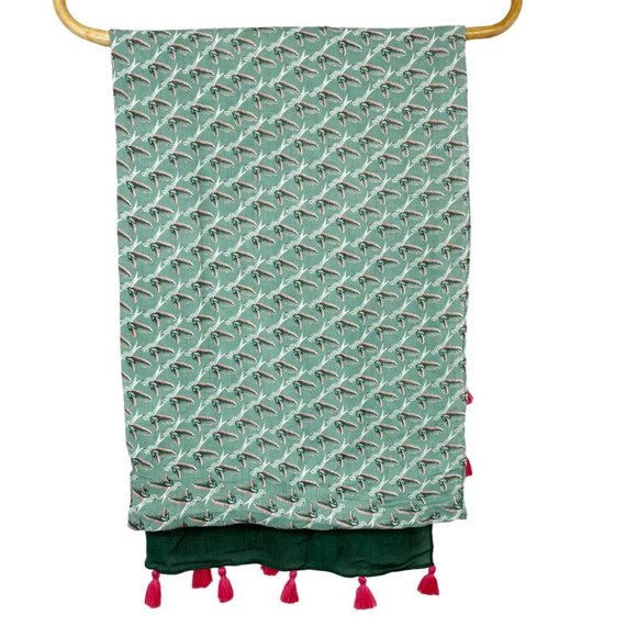 White Stuff Green Bird Print Tassel Scarf Boho Bohemian - Picture 2 of 3